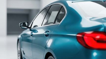 Naklejka premium Shiny teal blue car body with reflective surfaces and red rear lamp in a showroom.