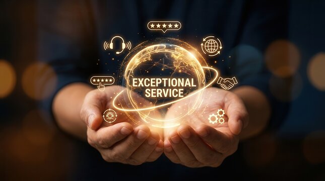 Exceptional service concept featuring a hand holding futuristic icons to manage timely customer experiences.