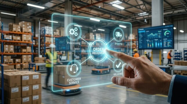Ecommerce logistics and order management system tracking shipping and customer service in a warehouse.