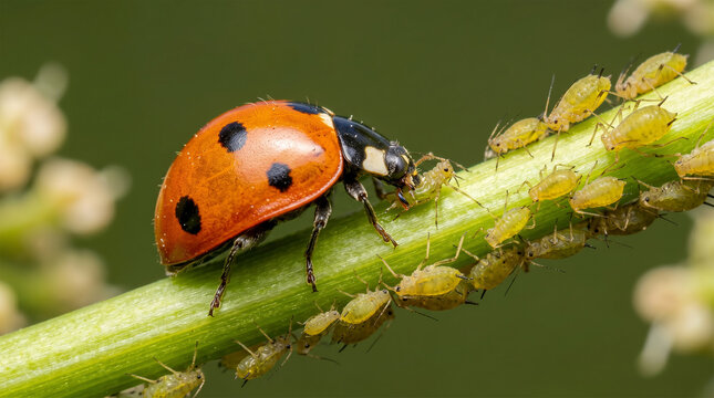 Predatory ladybug feeding on aphids.