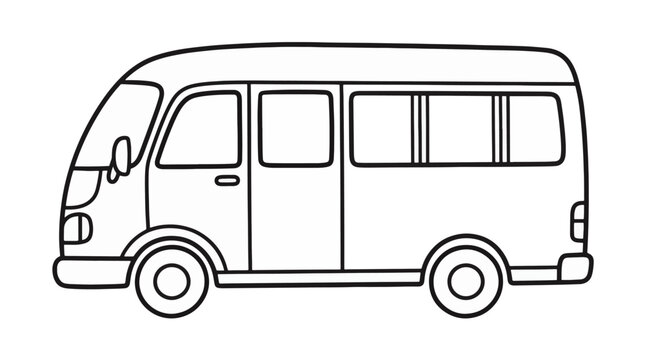 Simple line art illustration of a modern passenger minibus from a side view. Black outline drawing of a shuttle van with windows and wheels isolated on a white background for coloring.