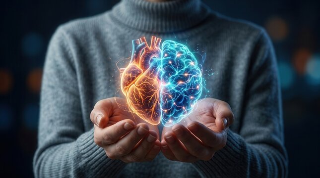 Hands holding a glowing heart and brain fusion, symbolizing rational thinking and emotion in decision making.