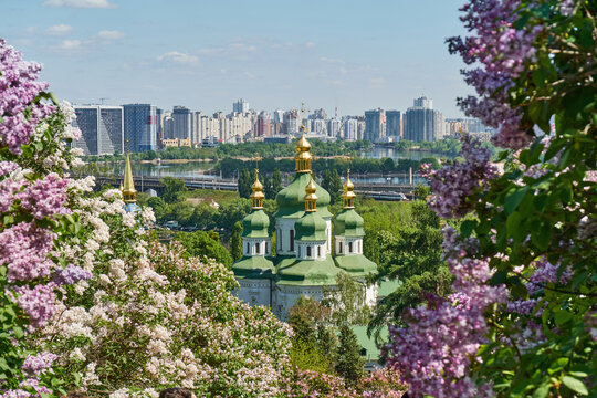 Vydubychi monastery framed by lilac blossom in Kyiv