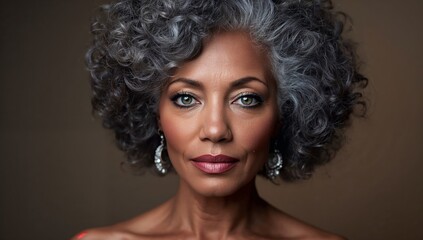 Fototapeta premium Mature African American woman with curly gray hair and bold makeup poses for a portrait, wearing elegant earrings against a neutral background