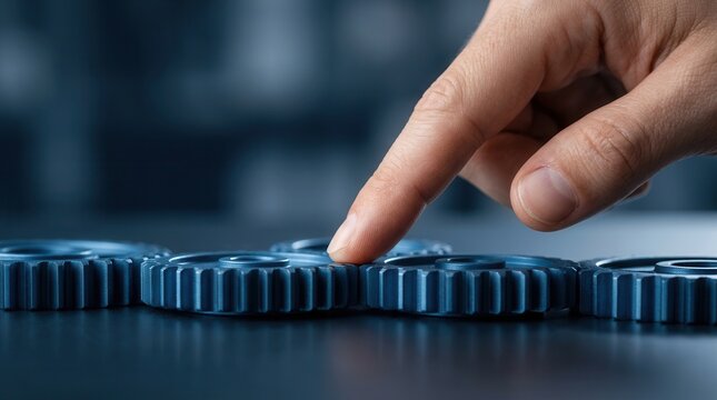 Leadership intervention concept showing a hand adjusting gears for process optimization and change management.