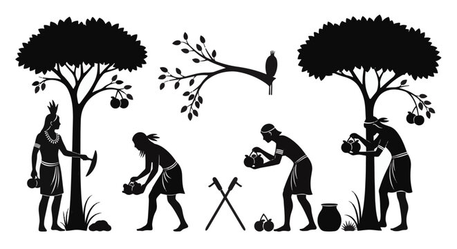 Black silhouette vector of ancient tribal people gathering fruit from trees with traditional tools and pottery, featuring indigenous figures in a cultural harvest scene.