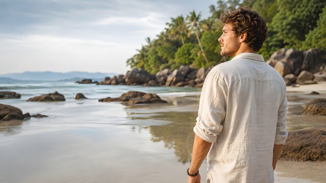 Caucasian man standing on tropical beach at sunset. Wanderer looking at ocean horizon during summer vacation. Leisure lifestyle at seaside with palm tree and large boulder on sand.