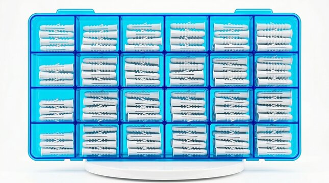 Organized Medication Pills in Blue Plastic Weekly Pill Organizer with Clear Compartments