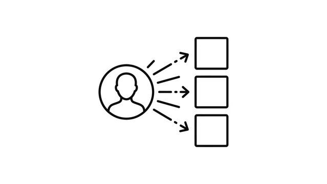Minimalist outline icon depicting a person distributing tasks to three boxes.