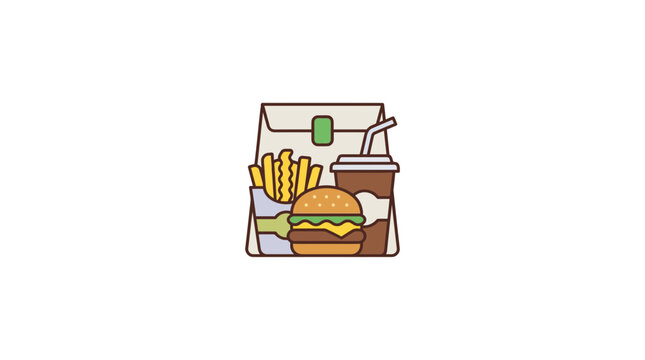 Fast food meal: burger, fries, soda drink in paper bag, flat design, isolated on white