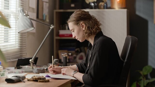 Medium portrait of Caucasian young adult woman sketching on paper at desk, turning to look at camera and smiling. Clip ideal for remote work, creative freelancing, or online education campaigns