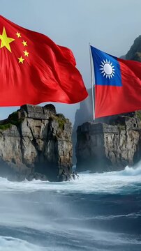 state flags of china and taiwan wave on high rocky cliffs in the middle of a raging ocean with powerful waves and white foam conceptual 3d simulation of relations