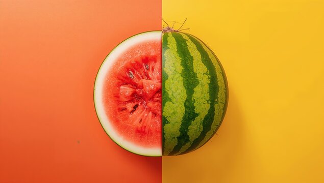 Half watermelon with red flesh and seeds on orange background, opposite half showing green striped rind on yellow background, vibrant colors create a striking visual contrast
