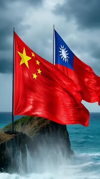 large state flags of china and taiwan waving on a stone cliff in the middle of a raging blue ocean with a huge wave crashing against rocks creating a cloud of white splashes