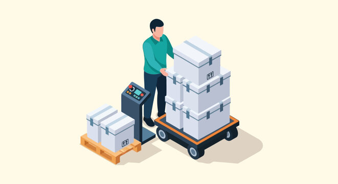 Worker moving stacked boxes with pallet jack in warehouse.