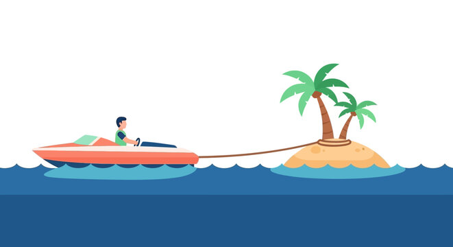 Speedboat towing water skier near tropical island.