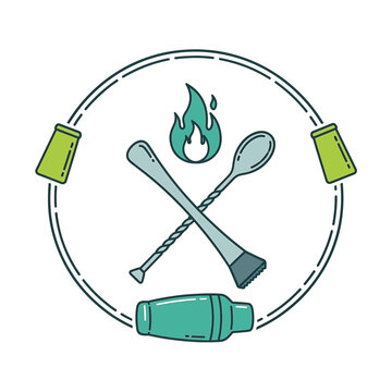Circular vector illustration of cocktail preparation tools including a crossed bar spoon and muddler with a flame icon, cocktail shaker, and jiggers on a white background.