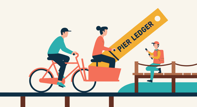 Family cycling with cart near pier ledger sign.