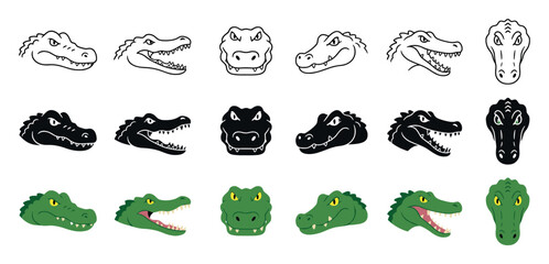 Obraz premium Crocodile and alligator head vector icon set featuring various styles including black silhouette, line art outline, and green cartoon illustrations of wild reptile predators