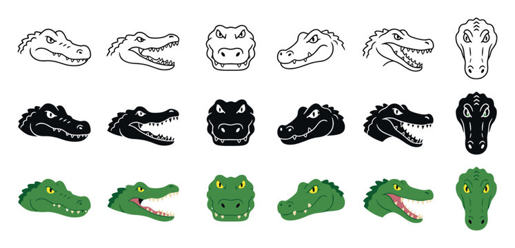 Crocodile and alligator head vector icon set featuring various styles including black silhouette, line art outline, and green cartoon illustrations of wild reptile predators