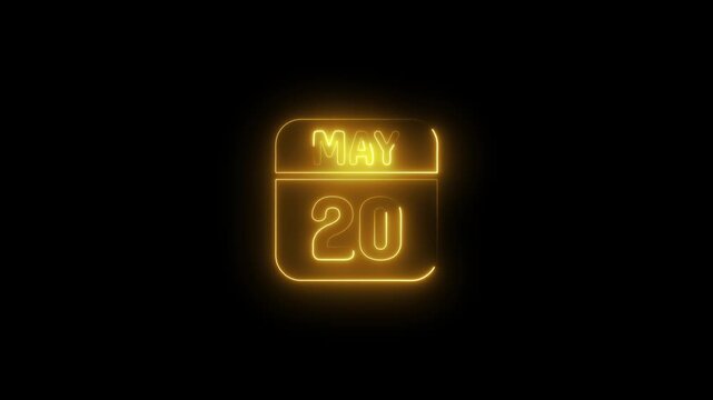 Glowing neon calendar may 20 date animation twentieth