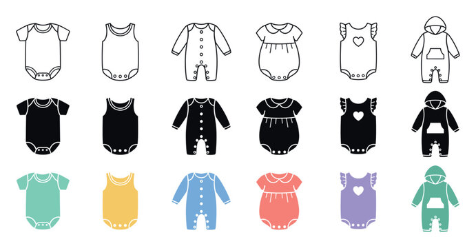 Baby clothing icons set in three styles including bodysuits, rompers, and sleepsuits for infants and newborns, presented in outline, solid black, and colorful flat designs