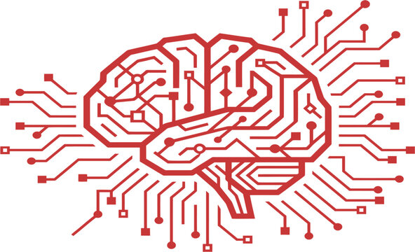 Red Digital Brain with Circuit Lines Icon Isolated on White Background