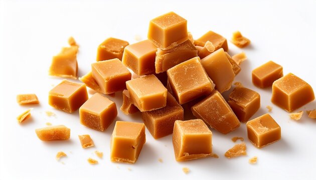 golden shards of brittle toffee candy scattered on a white background