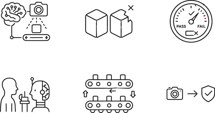 Set of AI quality control and automation line icons perfect for industrial technology smart manufacturing and digital transformation concepts
