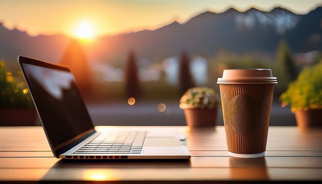 kulikov takeaway coffee cup beside a laptop on a table in bishkek kyrgyzstan the image conveys mobile work coffee break routine and cafe beverage culture