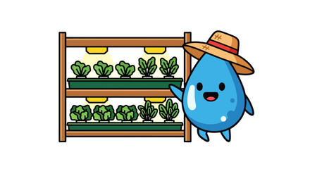 Fototapeta premium A cute cartoon water droplet character wearing a straw hat stands next to a hydroponic garden rack with leafy green plants under grow lights.