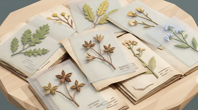 Herbarium botanical sheets low poly 3D
