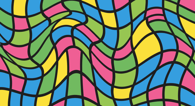 Abstract psychedelic background with colorful distorted wavy grid pattern. Bright artistic texture with deformed squares. Modern graphic style. Vector illustration for backdrop