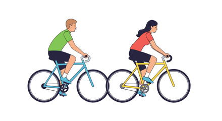 Obraz premium Man and woman riding bicycle on white background. Active healthy lifestyle and eco transportation concept. Flat style vector illustration for banner, poster, web design