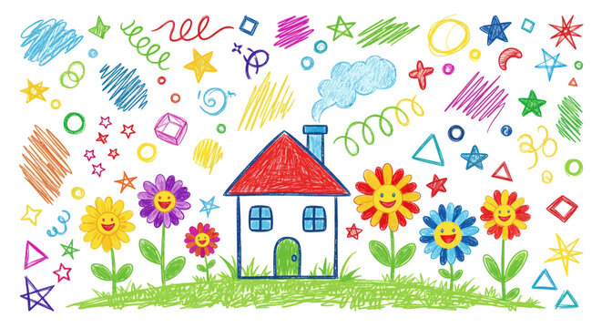 Children drawing with house and smiling flower isolated on white background. Kids art style of crayon scribble. Happy childhood concept. Colorful vector illustration banner