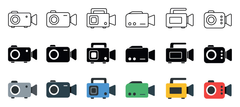Video camera icons in three different styles including linear outline, solid black glyph, and colorful flat designs for multimedia and web interface design