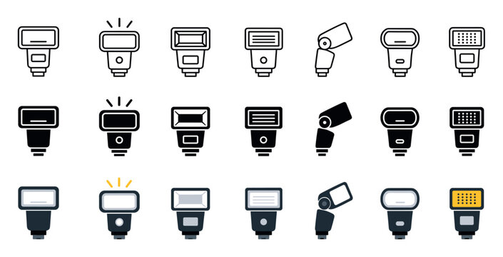 Camera flash speedlight icons set for photography equipment design featuring outline glyph and flat color styles of external strobe light units