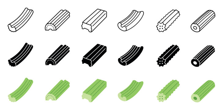 Celery sticks and sliced vegetable stalk icons in three different graphic styles including outline, solid black silhouette, and green flat design for food and cooking illustration
