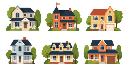 Fototapeta premium Set of residential house icon with garden tree. Suburban home building exterior. Real estate property architecture. Flat style vector illustration for design, web, print graphic