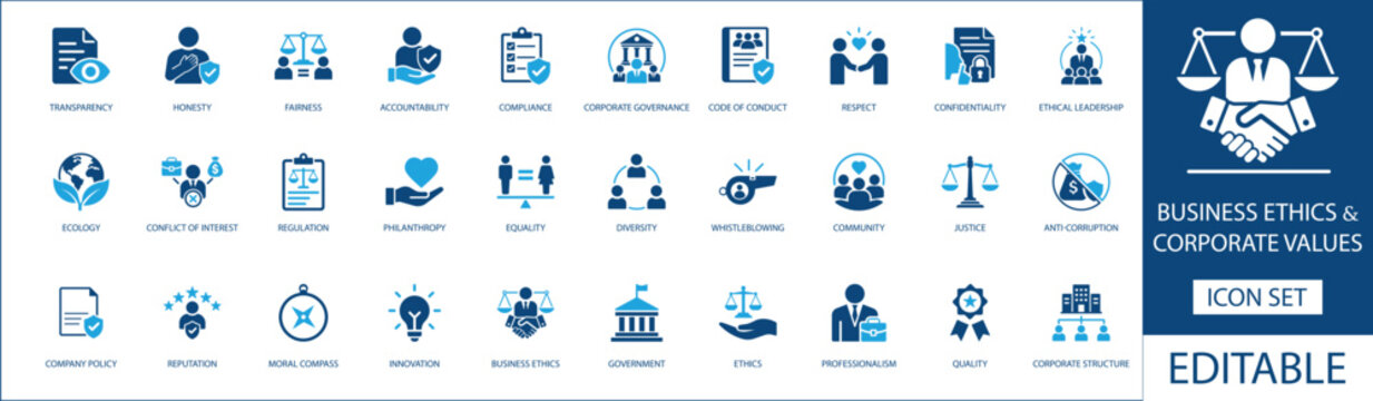 Business ethics and corporate values icon set. Featuring compliance, accountability, transparency, and ethical leadership. Vector icons for employee handbooks, compliance training, and company w