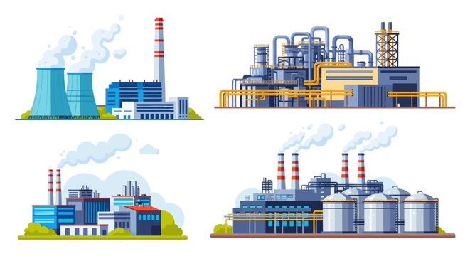 Set of industrial factory and power plant buildings with smoke chimneys and chemical tanks. Manufacturing energy station facility exterior. Vector illustration for web background
