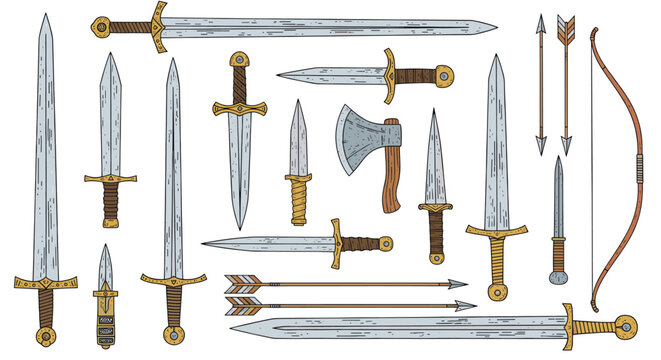Set of medieval weapon collection including sword, dagger, axe, bow and arrow. Fantasy historical war equipment. Isolated graphic element. Vector illustration for game design