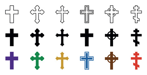 Fototapeta premium Christian cross icons in various design styles including Latin, Celtic, Orthodox, and Gothic shapes for religious and spiritual graphic design projects