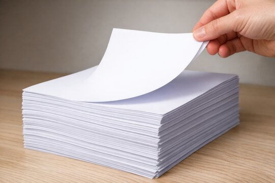 A person holds a piece of paper in front of a stack, keeping documents private