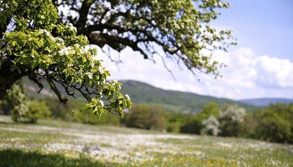 Fototapeta premium A serene landscape featuring a large tree by a stream at sunset with vibrant green grass and blooming flowers, spring landscape, the oak branch of nature, clear blue sky, idyllic atmosphere with green grass meadow, hills in the calm nature, AI generated