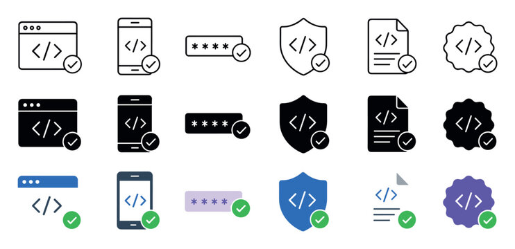 Secure coding and verified programming icon set featuring web browser, smartphone, password, shield, document, and badge symbols in outline, solid, and colored styles