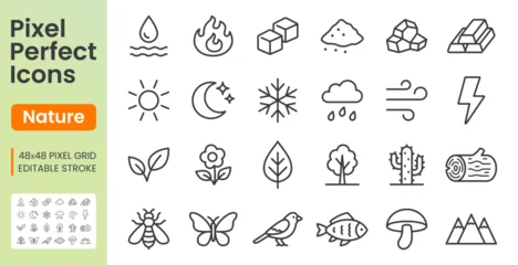 Fototapeten Pony Nature elements line icon set. Summer season, ice cube, tree wood, flower, moon, water, fire, insects linear minimal vector illustration. Simple outline signs. 48x48 Pixel Perfect. Editable Stroke  © nadiinko