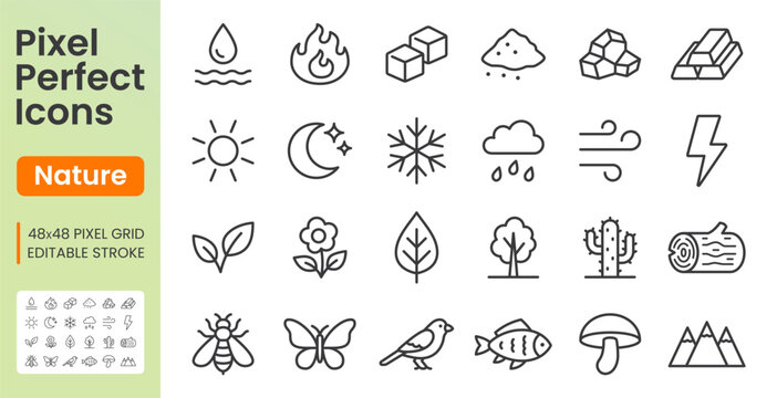 Nature elements line icon set. Summer season, ice cube, tree wood, flower, moon, water, fire, insects linear minimal vector illustration. Simple outline signs. 48x48 Pixel Perfect. Editable Stroke
