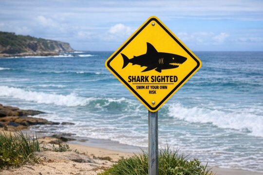Shark warning sign on a sunny beach with ocean waves in the background, suitable for tourism and safety promotional materials