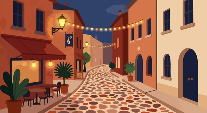 Quaint Italian street, cobblestone road, evening ambiance, string lights, Mediterranean architecture
